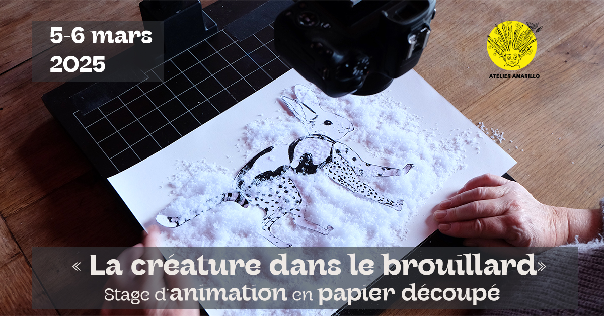 bandeau d’annonce pour le stage de cinéma d’animation en papier découpé «la créature dans le brouillard»